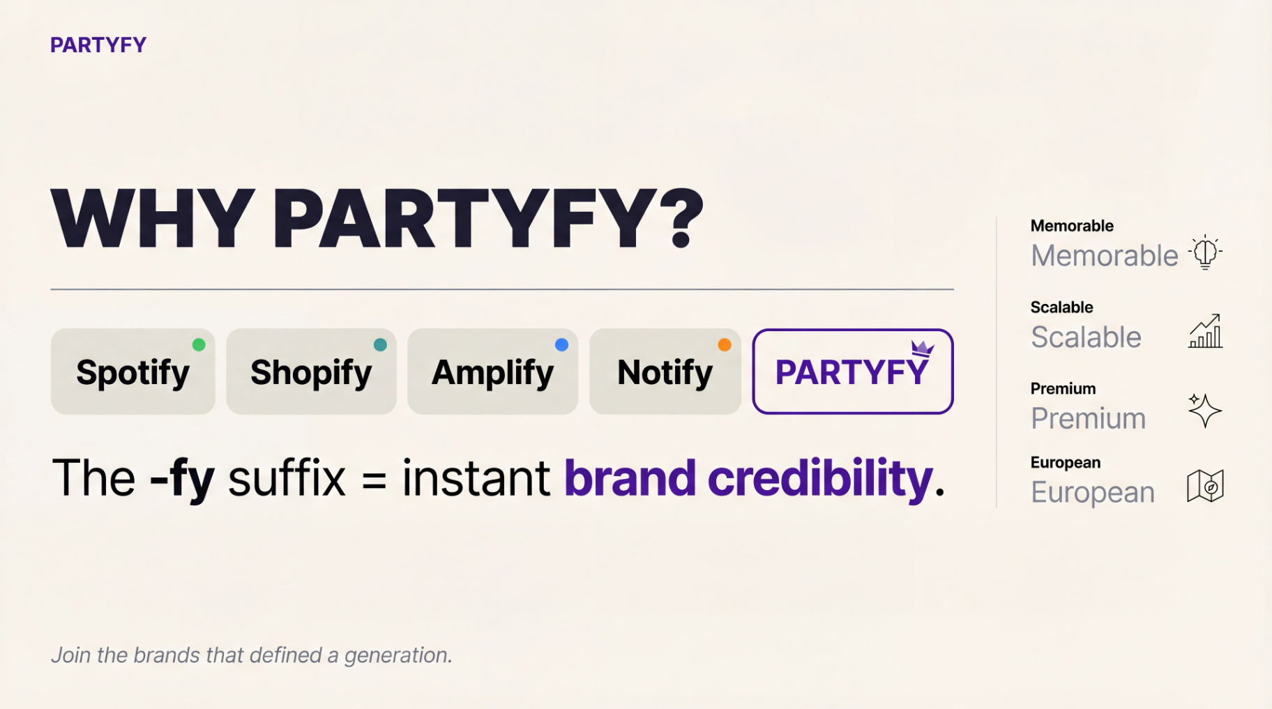 Partyfy why-now slide showing brand comparables and credibility framing